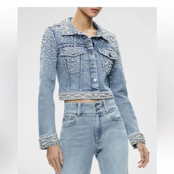 Alice + Olivia Pearl Studded Light Blue Denim Jacket XS